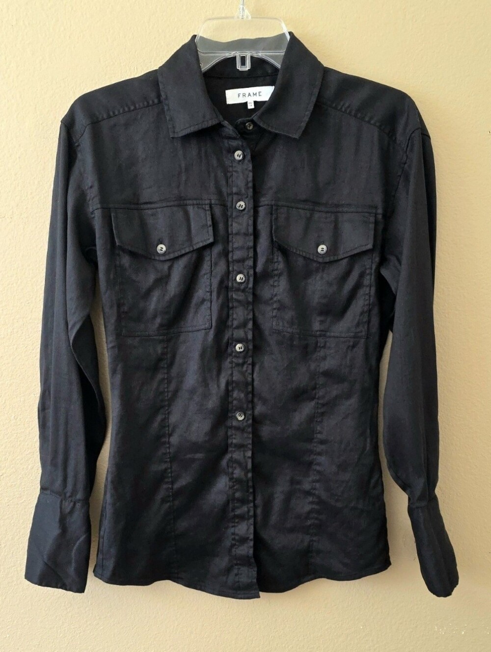 FRAME Womens Black Arie Linen Blend Utility Shirt - Size XS